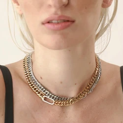 18K Gold Plated Two Tone Tarnish Free Stainless Steel High Polished Cuban Chains Choker Spring Clasp Necklaces for Women Jewelry