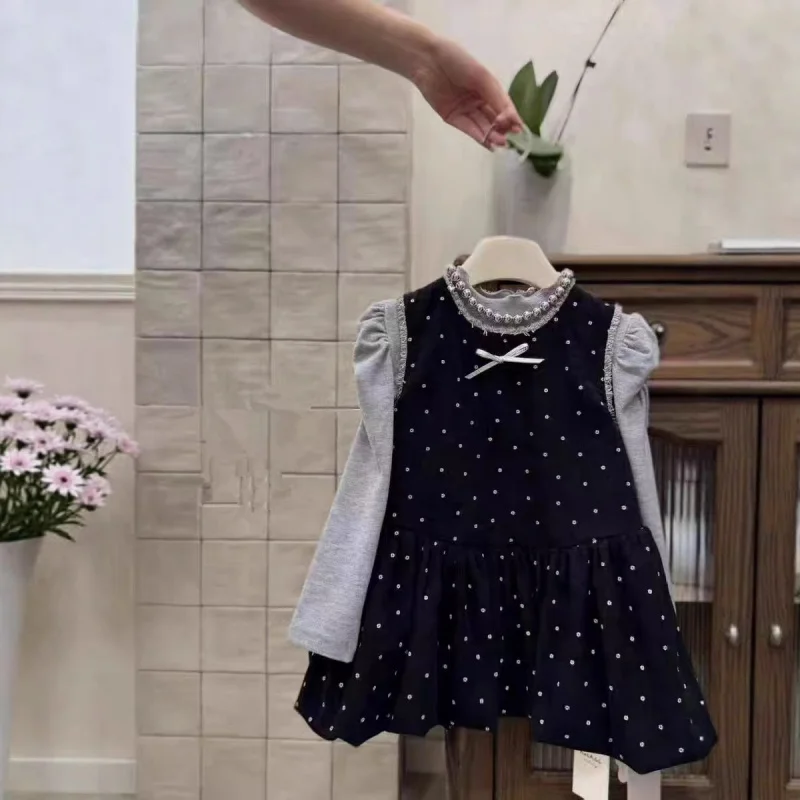 

Spring and Autumn Girls' Dress Set, Stylish Baby Outfit, Children's Unique Trendy Brand Base Shirt, Polka Dot Vest Dress