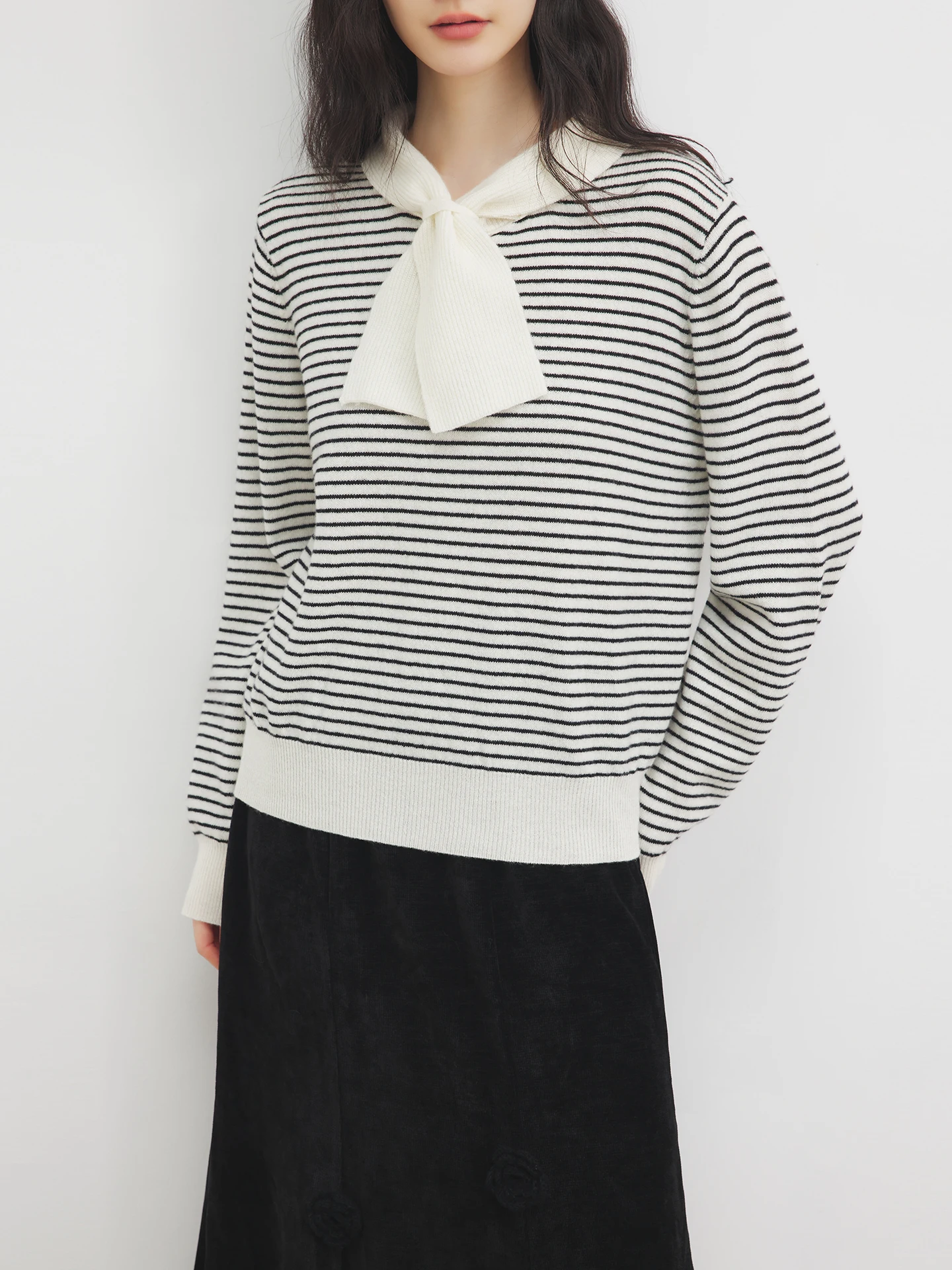 

Annata Women's Full Wool Knitted Sweater with Sa Bla White Stripes Soft Warm Commute Sle Long Sve round Ne Top