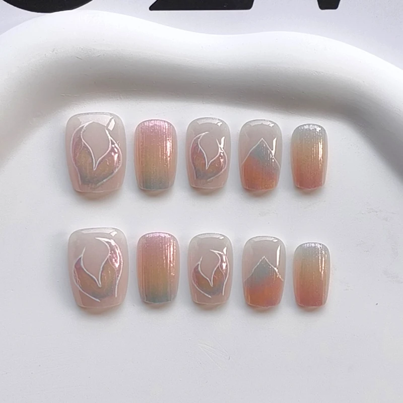 10pcs Short T Blue Mermaid Cat\'s Eye Handmade  Press on Nail False Nails Square Head Girl Lady Wearable Detachable Nail Tips