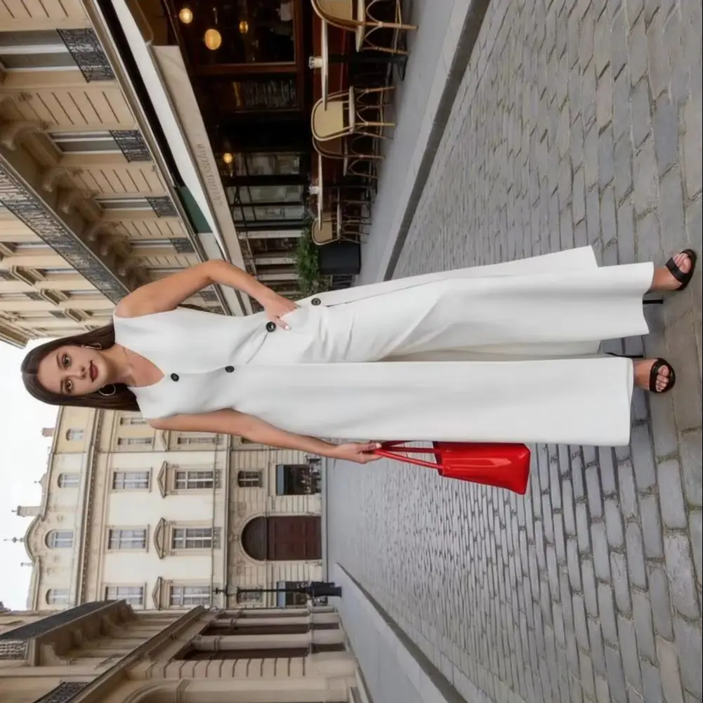 Women Outfit 2pcs Women’s Summer Outfit Set V-neck Buttoned Tops High Waist Wide Leg Pants Wear Ensemble Loose Fit Women