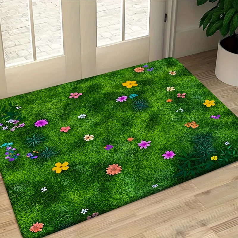 1pc 2D Flat Green Grass Wildflowers Meadow Flannel Area Rug Non Slip Spring Garden Carpet For Living Room Bedroom Decor