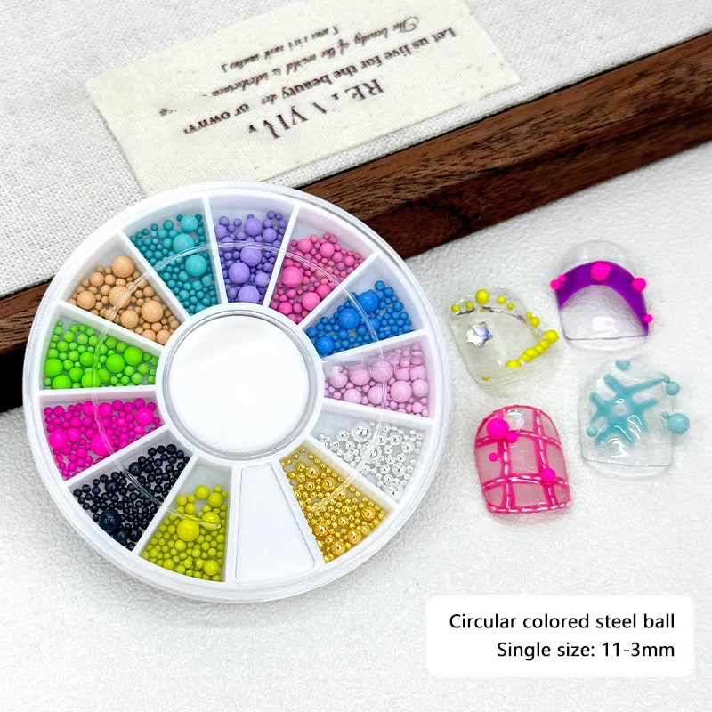 12 Grids/Box Candy Color Nail Art Beads Macaron Caviar Steel Balls 3D DIY Nail Decoration Accessories