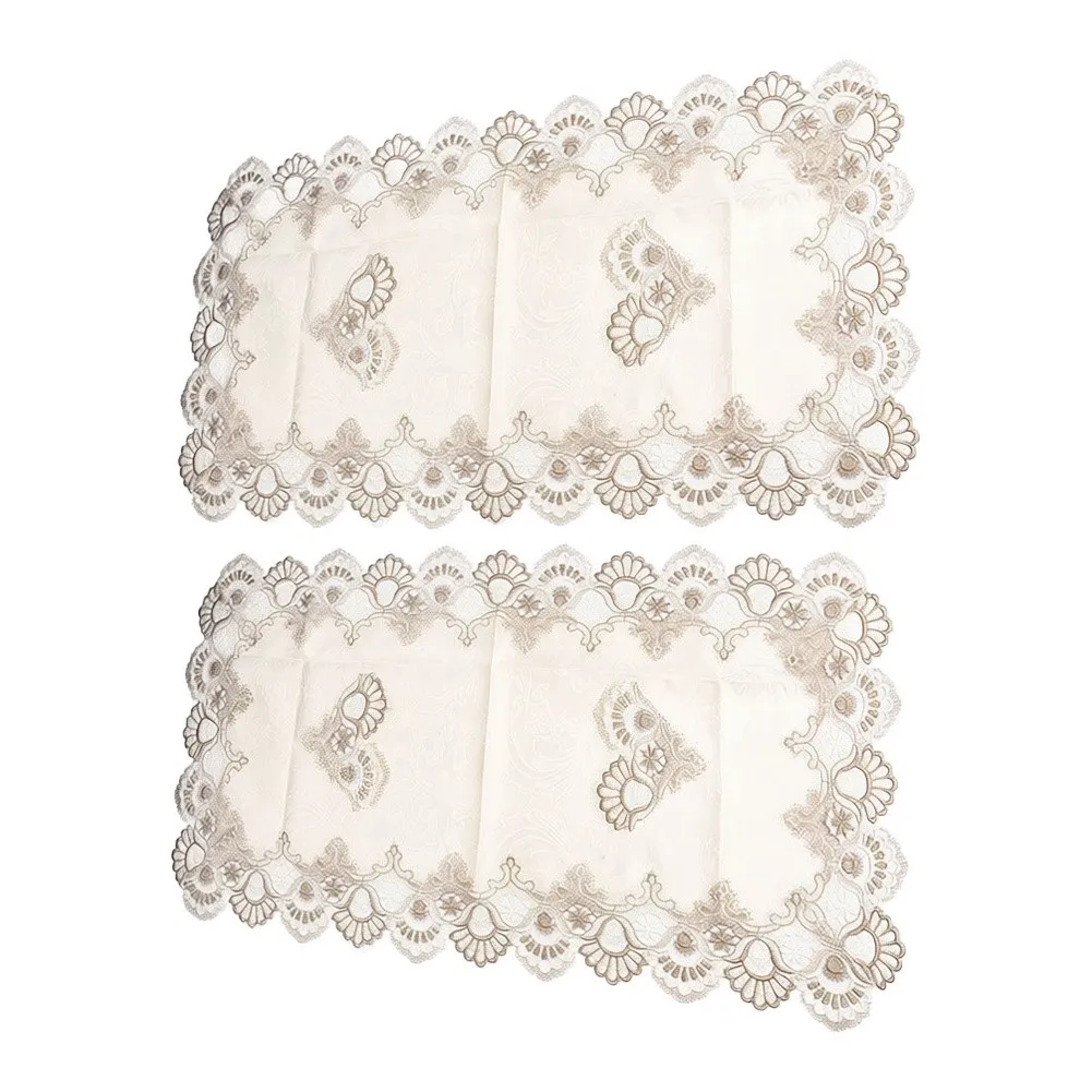 2 Piece White and Gray For Tablecloth Set 50 cm by 100 cm Rectangular Polyester Mat with Hollow Lace Floral Design