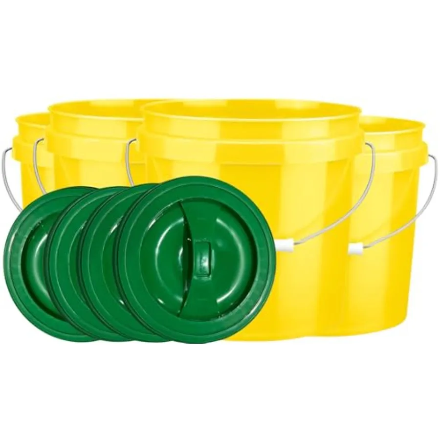 

2 Gallon Food Grade BPA Free Made in USA Bucket with Screw On Lid Pack of 4 (Yellow- Green Lids)