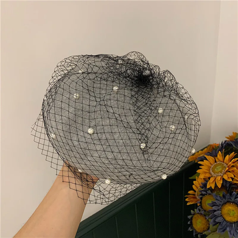 New Fashion Autumn Winter Female Beanie Beret Pumpkin Women Mesh Veil Wool Beret Luxury Sparkling diamond Pearl Painter Hat