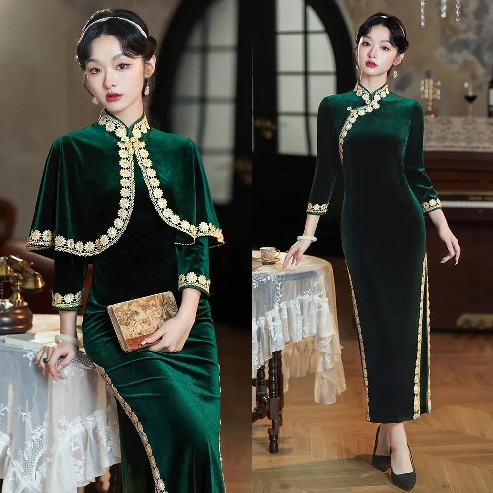 Flower Embroider Improved 2pcs Qipao Women Autumn New ArrivedCheongsam With Shawl Chinese Traditional Evening Banquet Long Dress