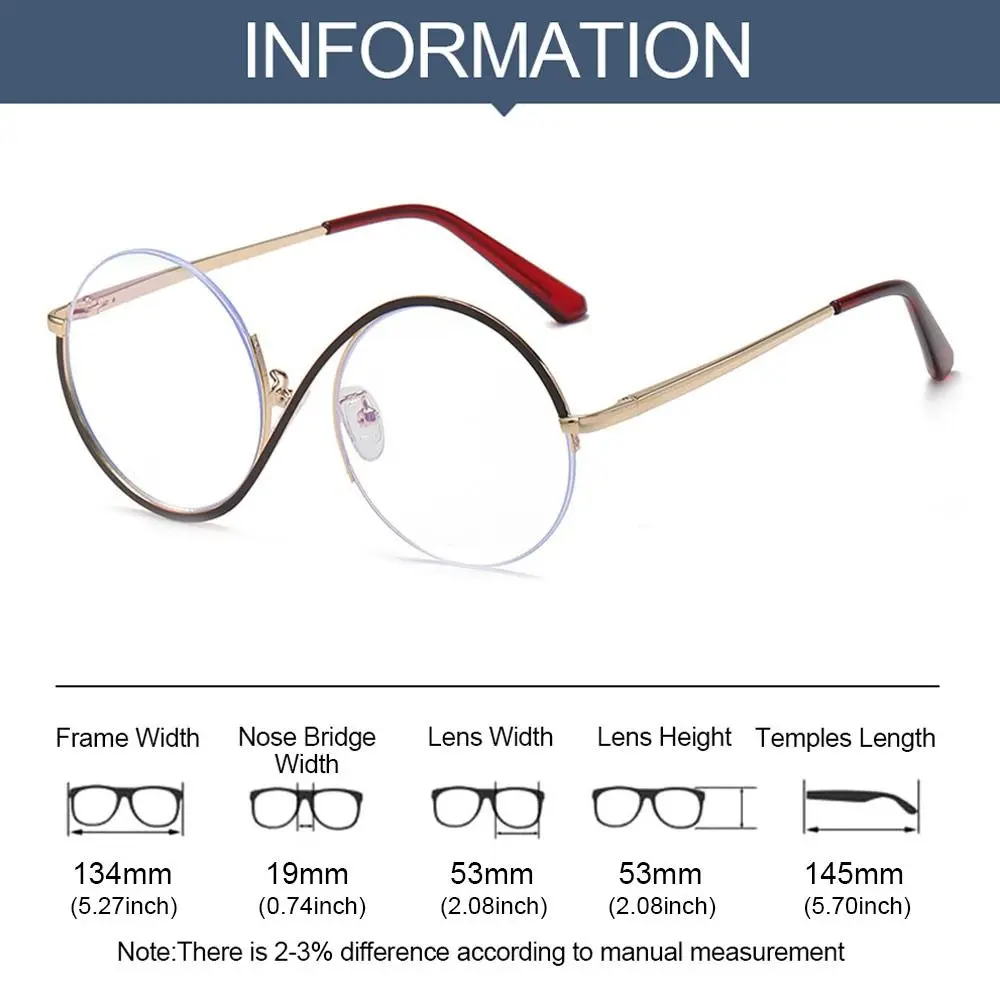 S Vorm Ronde Semi-Randloze Vrouwen Brillen Grote Metalen Frame Heldere Lens Optische Bril Mannen Vintage Anti-Blauw Licht Bril