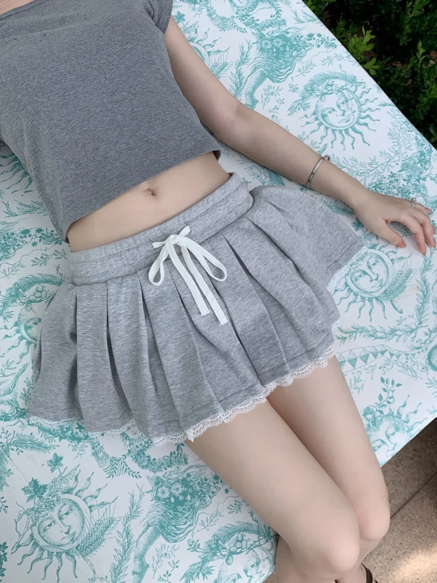 JUNSTUDIO MU Series High am Weight Texture Lace  Pleated  Skirt ort Pants Skirt Low Waist Design Pure Color