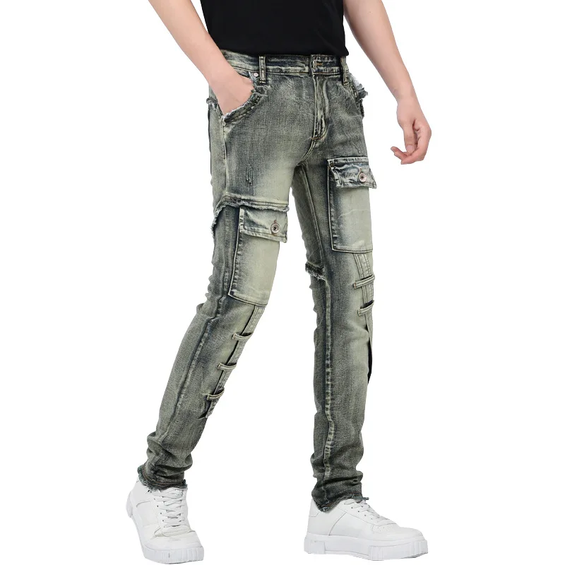 2024New Autumn Multi-Pocket Motorcycle Jeans Men's Retro Distressed Yellow Mud Color Personality Slim Fit Stitching Trousers