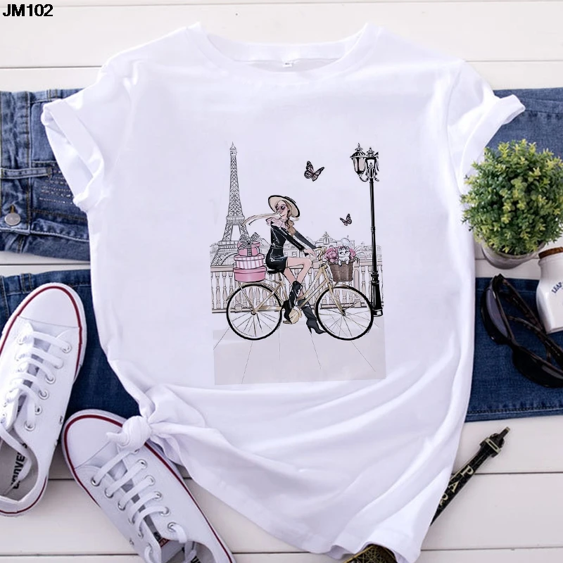 Fashion Girl Print Women Tees Summer Thin Short-sleeved Tops Female Clothing Tshirt Harajuku Casual Korean Version White T-shirt