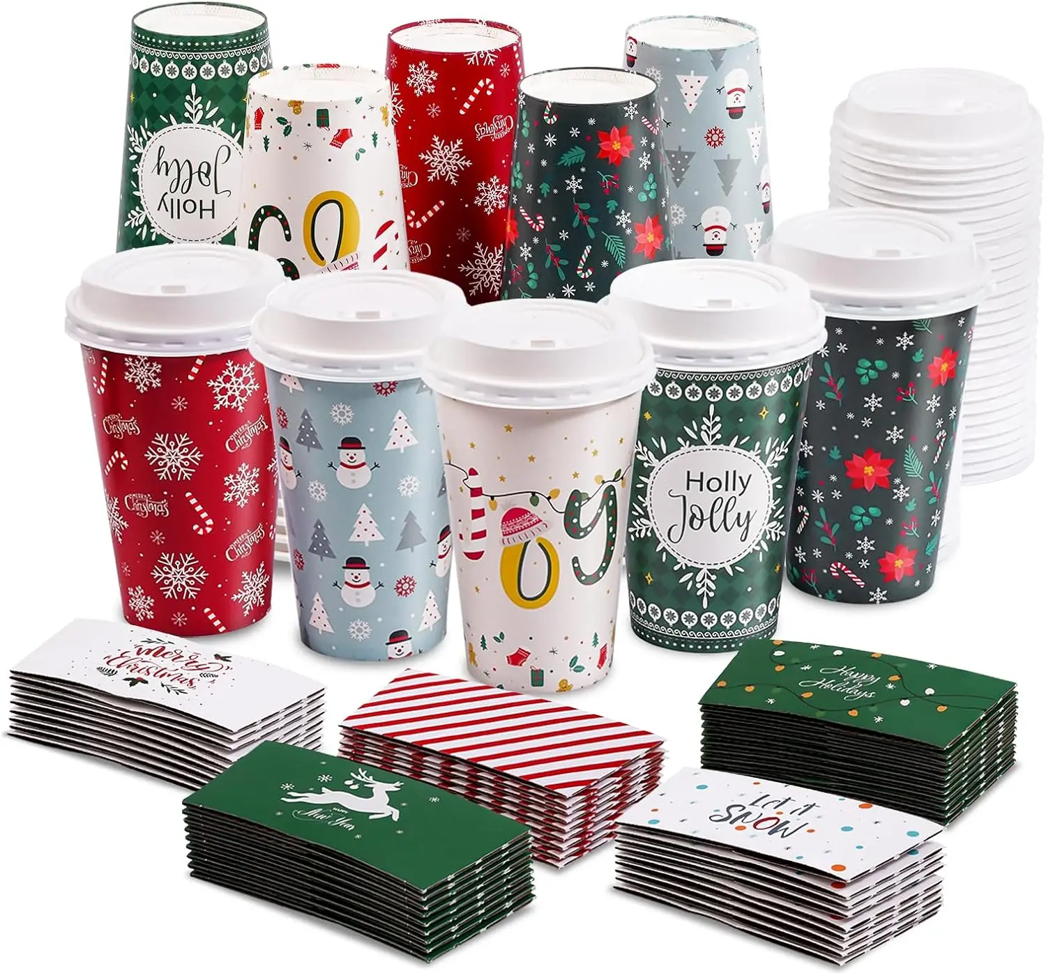 

50 Pack Christmas Disposable Coffee Cups with Lids & Sleeves, To Go Coffee Cups 16 oz, Holiday Paper Cups for Hot Cocoa,