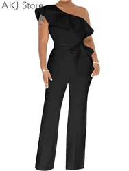 Women Elegant Solid Ruffle Sexy Long Jumpsuit with Belt