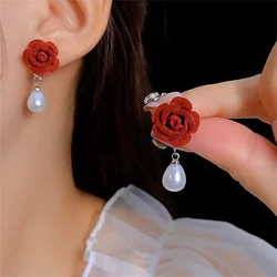 Autumn Winter Fashion Velvet Wine Red Rose Flower Earrings for Women Korean Long Pearl Studs Wedding New Year Party Jewelry Gift