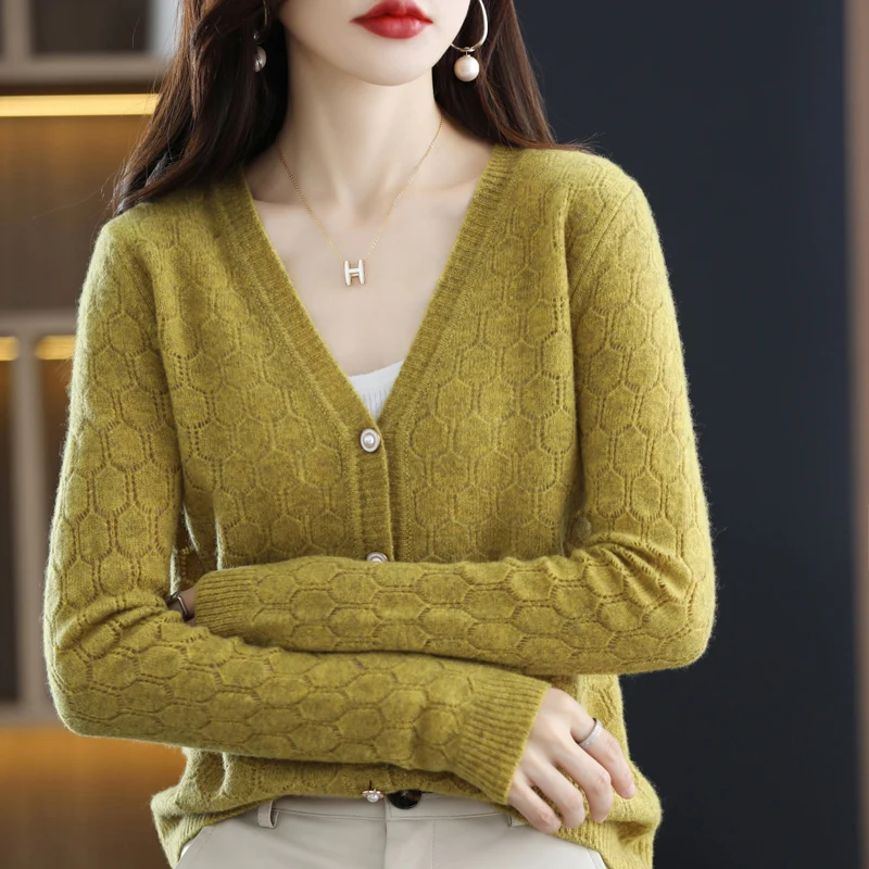 DjzDsm 100% Pure Woolen Sweater Autumn Snd Winter New Hollowed Out Women\'s Fashion Cardigan V-Neck Casual Knitted Wool Top