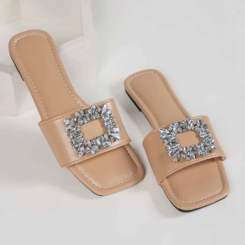 Summer Women Slippers Luxury Rhinestone Slippers Women Flat Square Toe Design 2024 New Korean Trend Sandals Plus Size 36-43