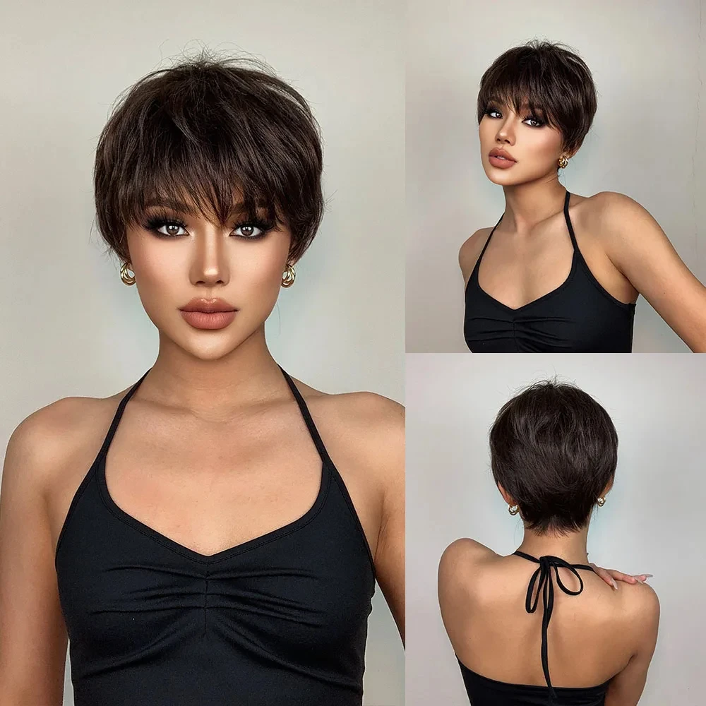 

Dark brown short hair synthetic wig for Halloween cosplay. Daily wear. High-temperature synthetic wig cap.