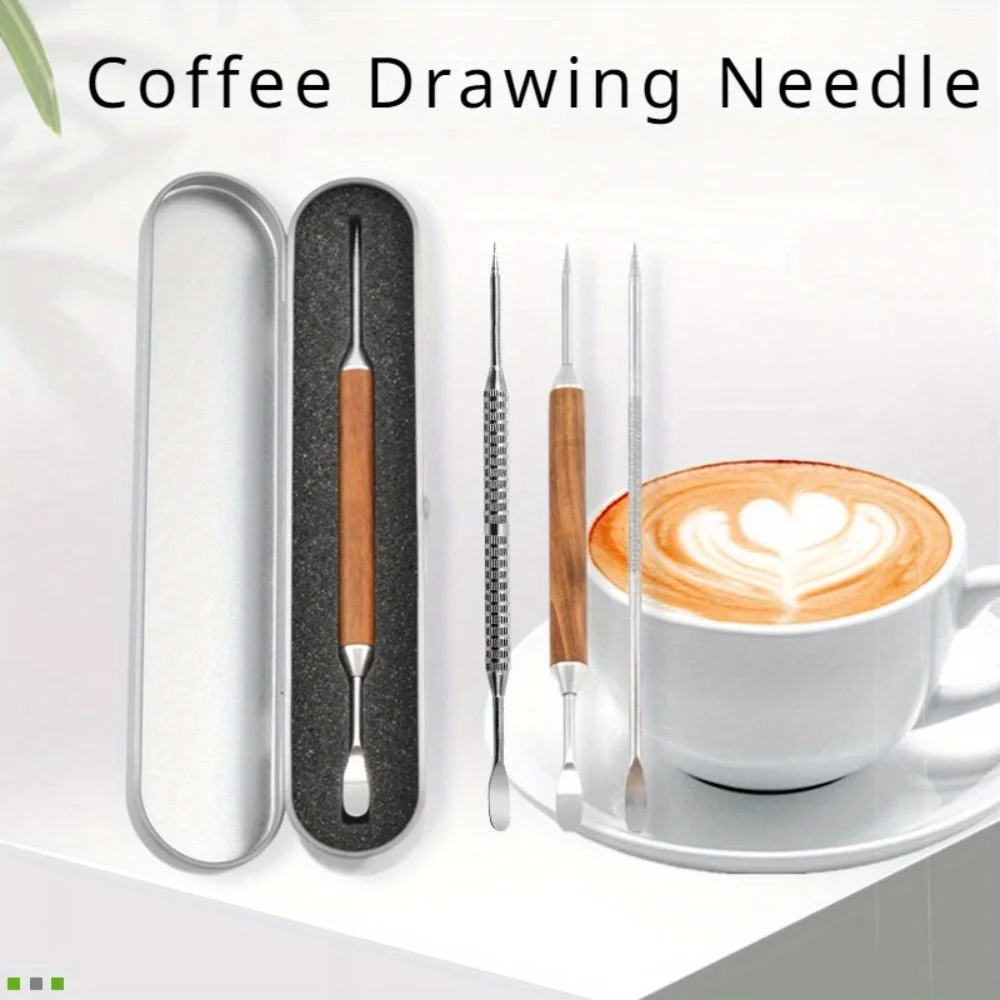 1PC Latte Art Pen Coffee Needle Carved and Mounted Artifact Solid Wood Hook Needle Milk Foam Stainless Steel Drawing