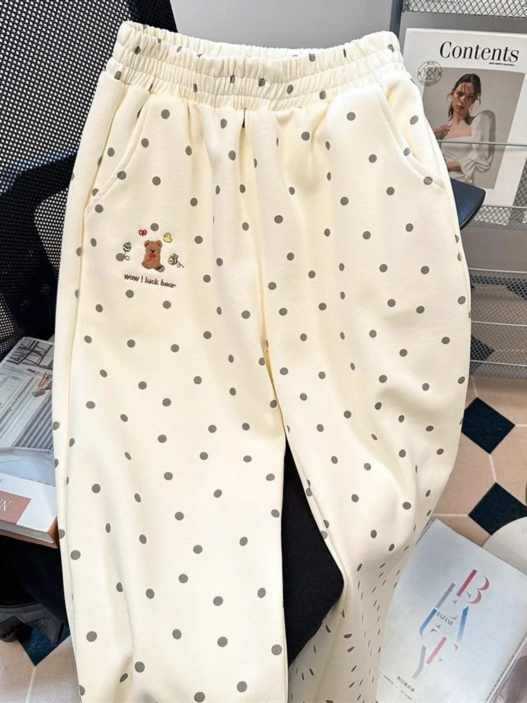Mode Dot doux jambe large pantalon femmes mignon dessin animé broderie pantalon coréen Chic automne taille haute femme ample pantalon décontracté nouveau