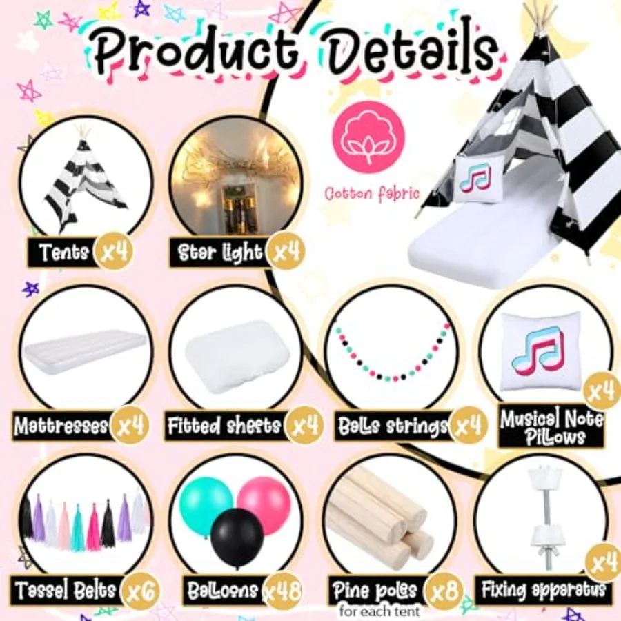 4er-Pack Tipi-Zelte für Kinder, Pyjama-Party mit Luftmatratze, Licht, Kissen, Musik-Thema, Schlaf-Zelte für Mädchen-Party, natürliches C
