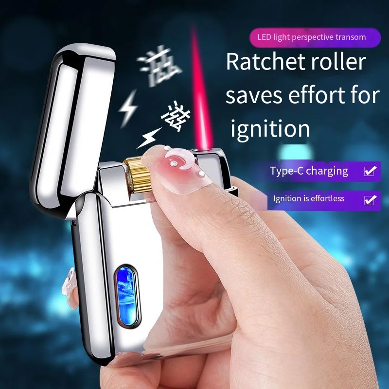 

Metal USB Butane Gas Windproof Lighter Red Jet Flame Lighter LED with Light Visible Window Mini Cigarette Lighter Grinding Wheel