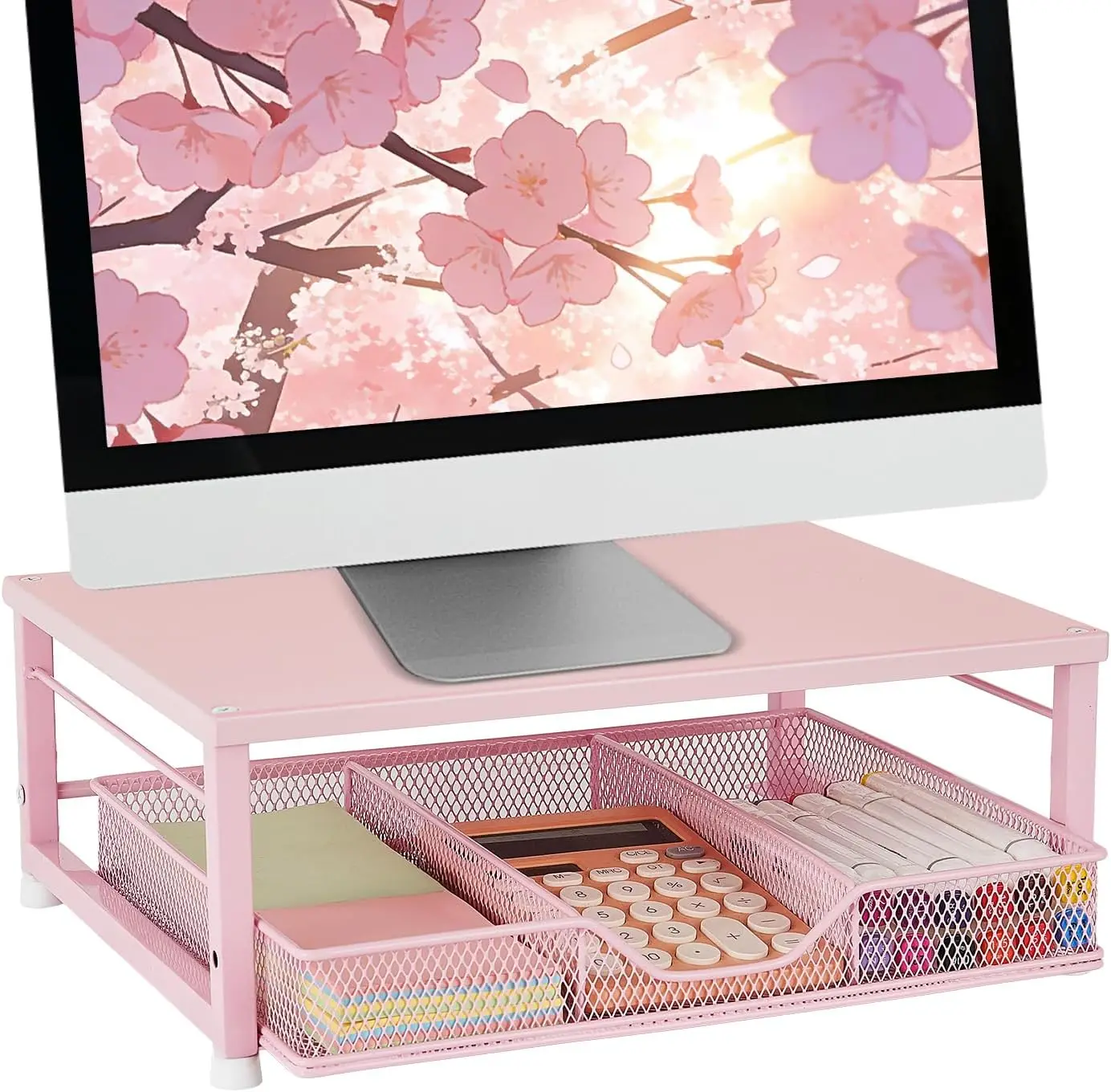 

Small Pink Laptop Stand for Desk, Monitor Stand, Office Desk Accessories, Computer Desktop Stand with Drawer for Home, Office