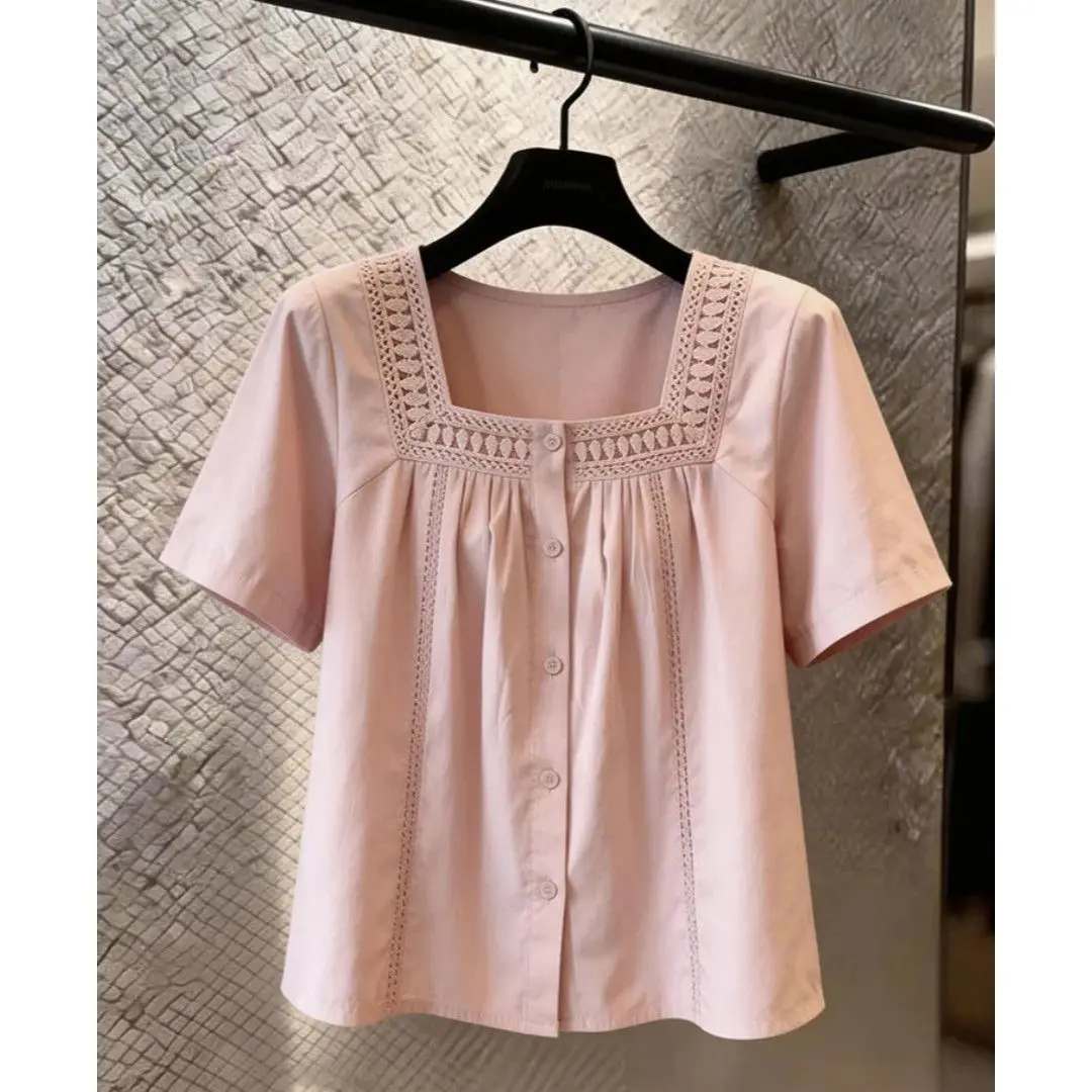 

Sweet Soft Style Shoulder Square Collar Short Sleeve Shirt plus Size Women's Summer Slimming Top Casual Loose Fit Polyester