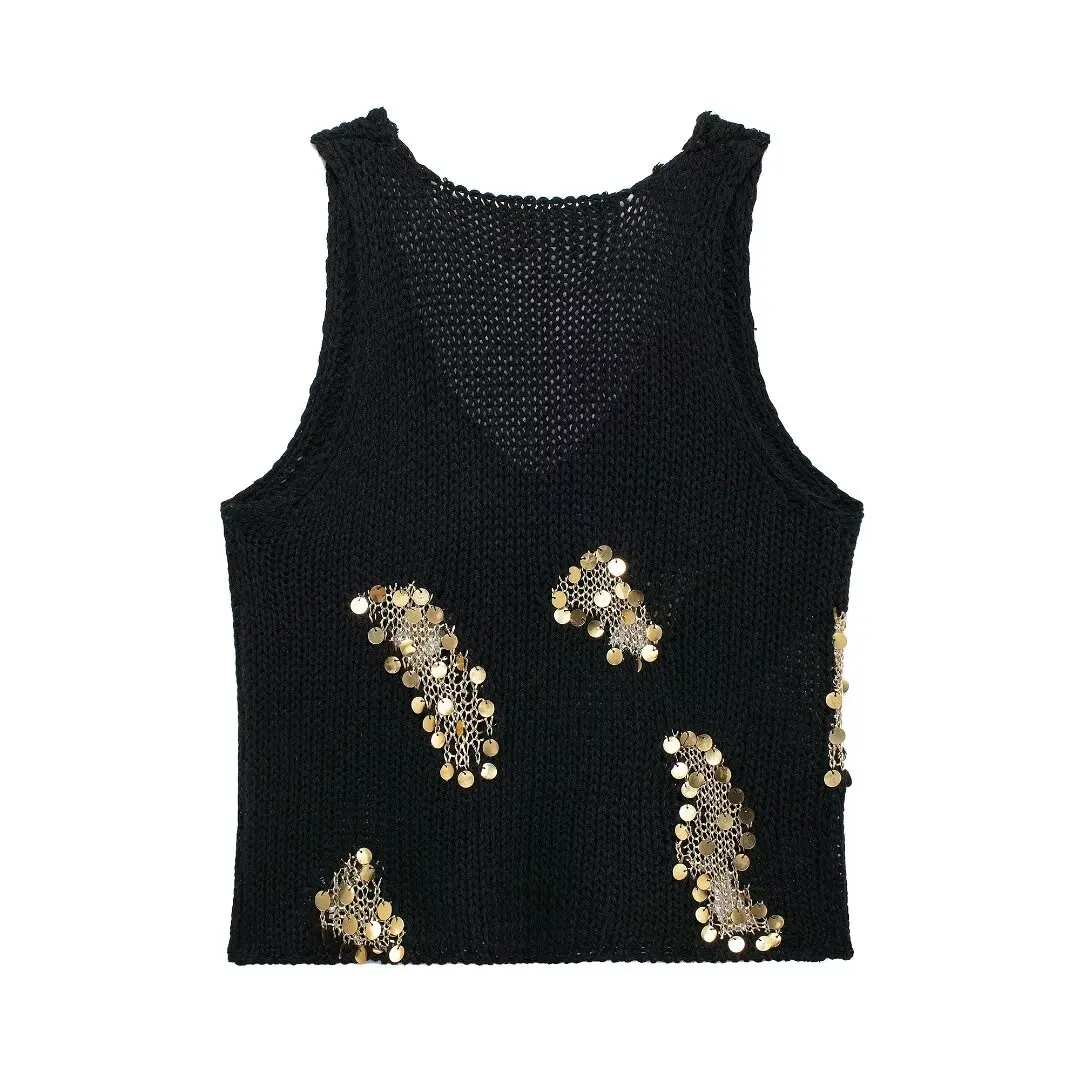 Women's 2024 new fashion sequin decoration casual short V Neck knitted top retro sleeveless women's vest chic top