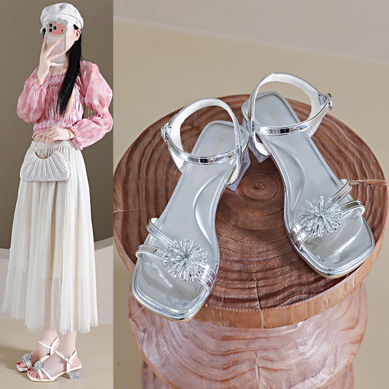 

Women's Versatile Summer European Style Strappy Sandals, Comfortable Fashion Silver Soft Sole New Chunky Heel High Heels