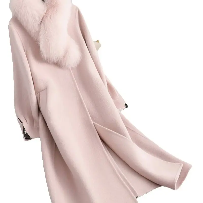 Special sale clearance: Fox fur collar double-sided camel hair coat, women's round-neck mid-length elegant woolen wool coat