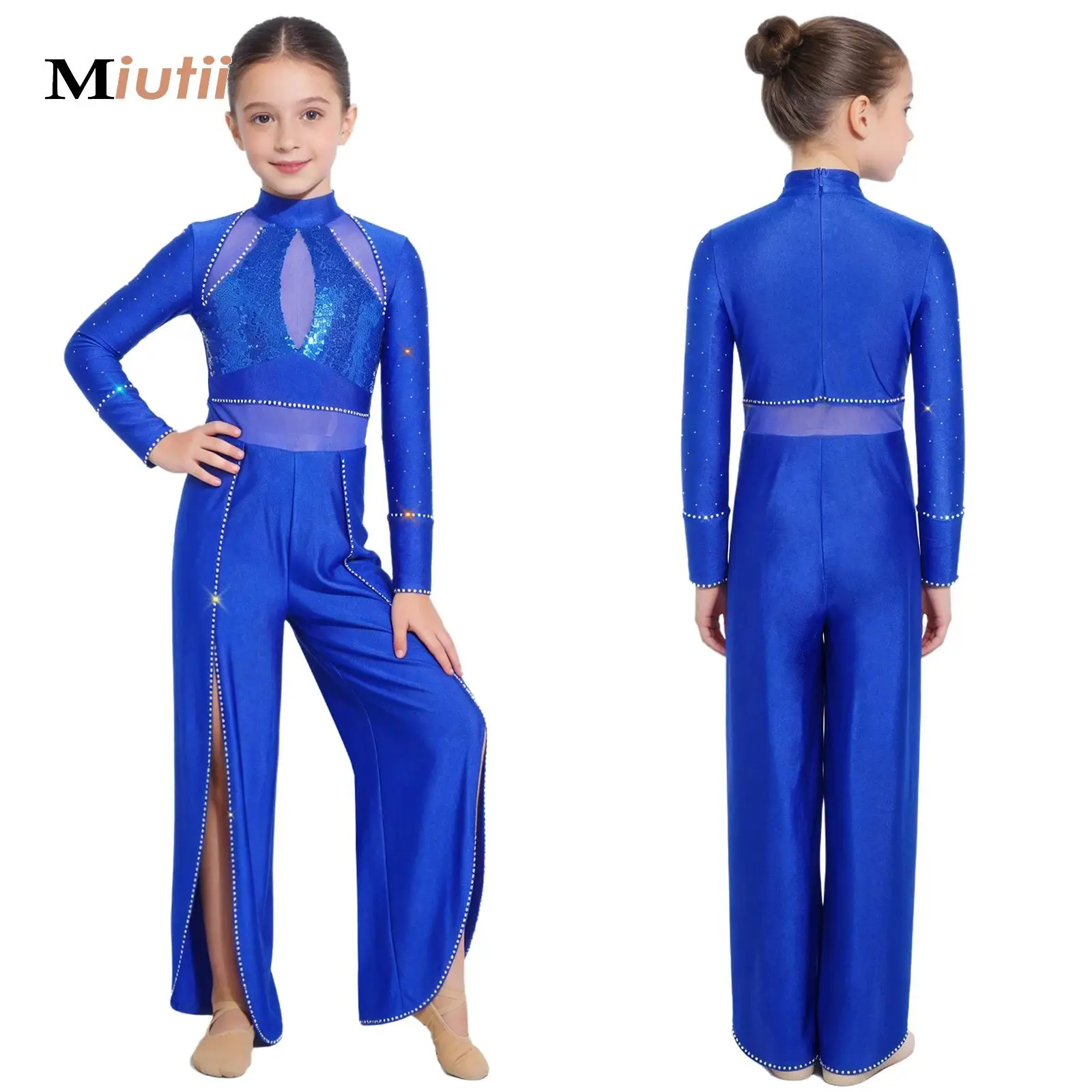 

Kids Girls Lyrical Ballet Dance Jumpsuit Long Sleeve Shiny Sequins Split Wide Leg Bodysuit Performance Competition Dancewear