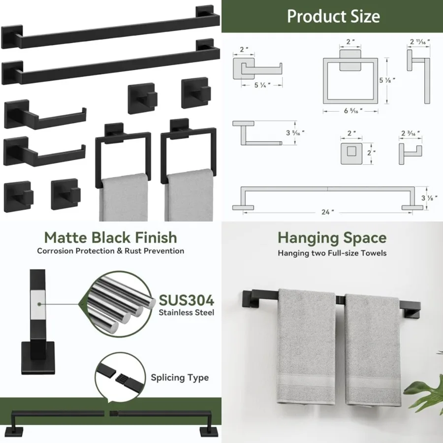 

Matte Black Bathroom Accessories Set, 24 ch Bathroom Hardware Set, SUS304 Staless Steel Bath Towel Bar Set, Towel Racks for Bat