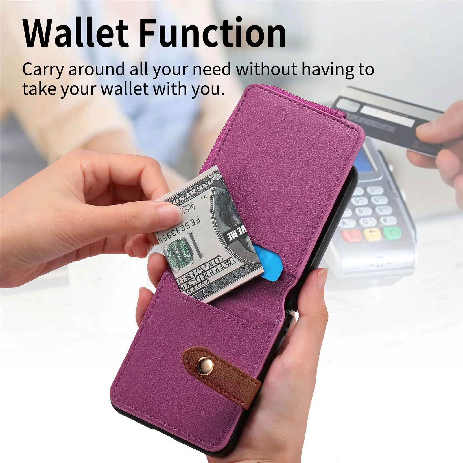 Wallet Case For Samsung Galaxy Z Flip 5 4 3 2 Multi Card Slot Zipper Closure Finger Ring Solid Color Protective Leather Cover