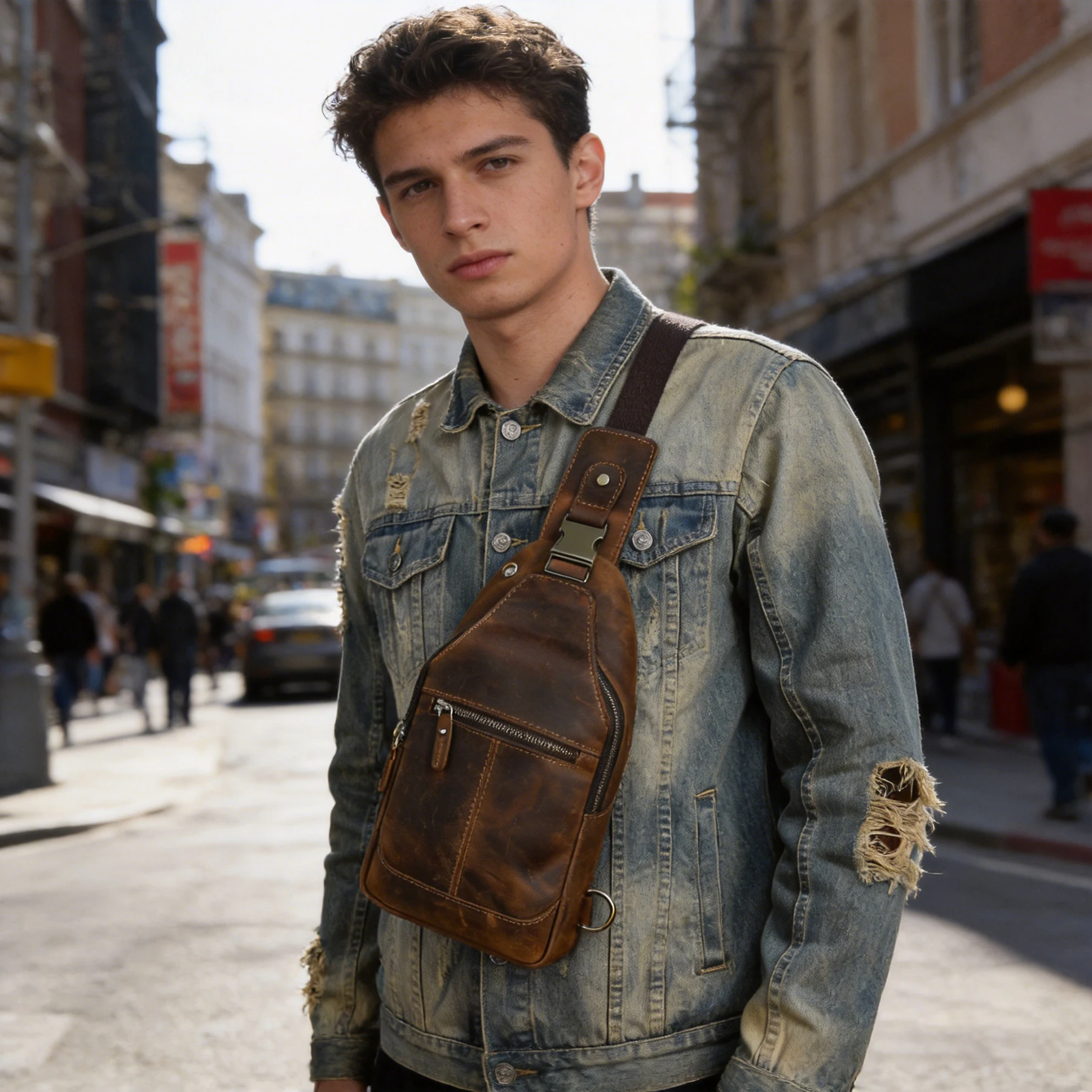 vintage-style-men's-chest-bag-top-layer-cowhide-leather-outdoor-worksite-single-shoulder-slant-cross-bag-fashionable