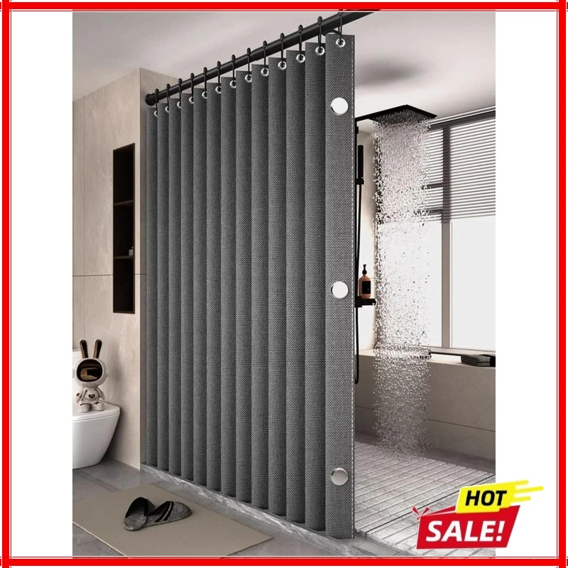 Bathroom Folding Linen Shower Curtain with Magnets Waterproof Suitable for Walk-in Shower Does Not Include Telescopic Rod