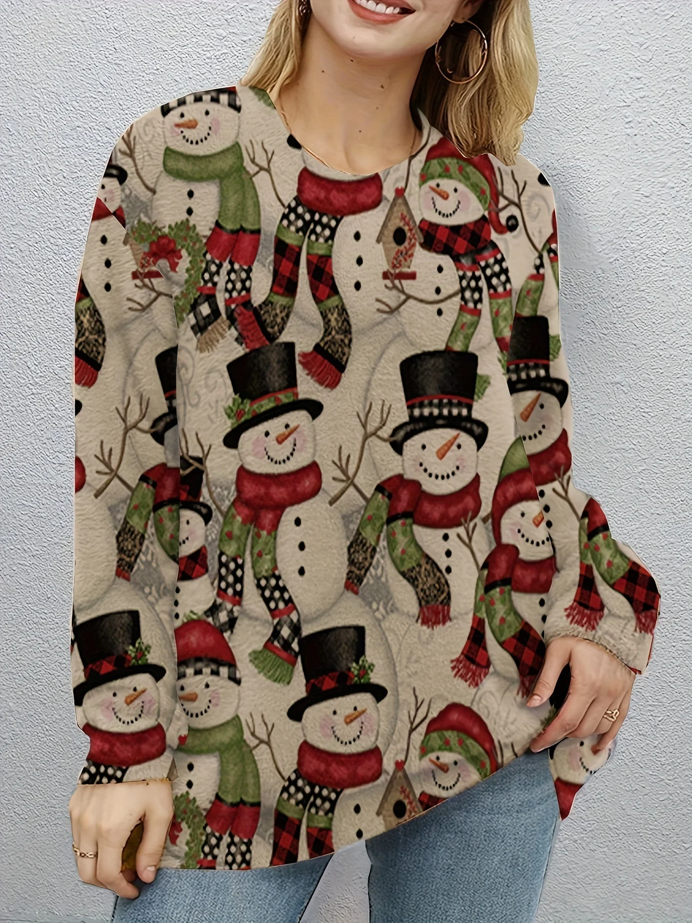 

Snowman Pattern Crew Neck Sweater, Christmas Lightweight Long Sleeve Sweater For Spring & Fall, Women's Clothing