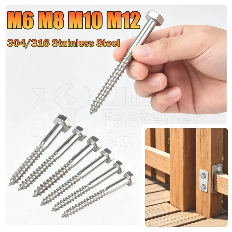 M6 M8 M10 M12 Hex Head Lag Screws 304/316 Stainless Steel Heavy Duty Wood Screws for TV Mounts Deck Boat Repair Large Lag Bolts