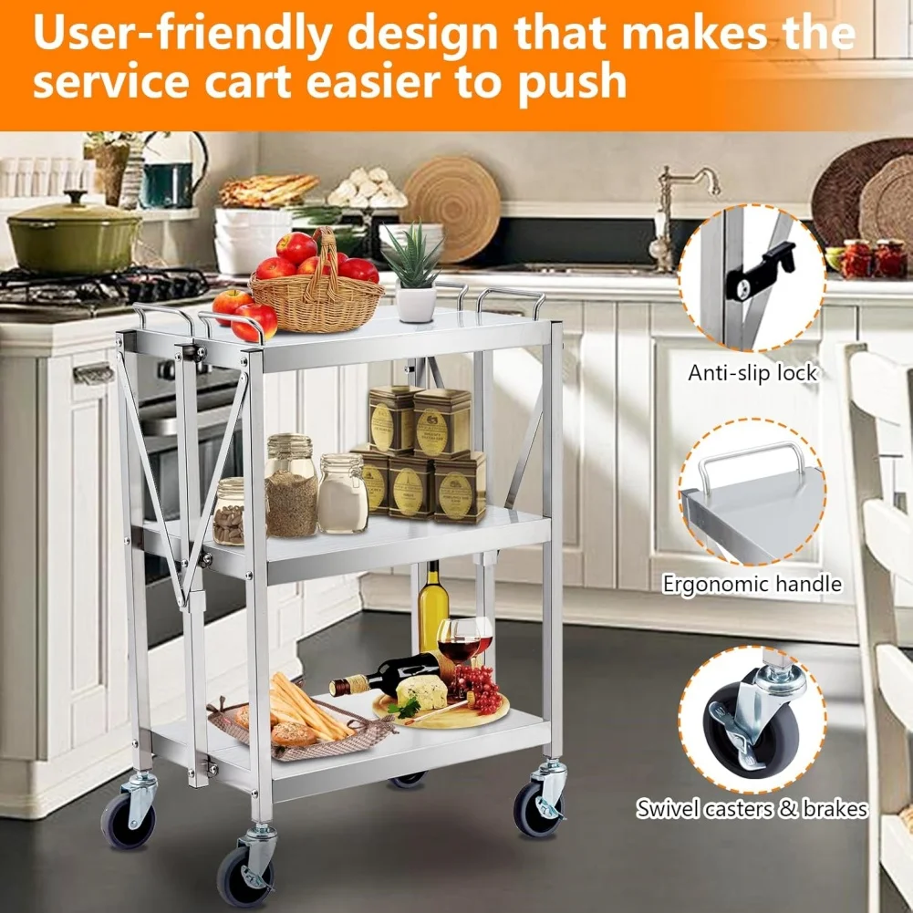 3-Tier Folding Utility Cart,Stainless Steel Kitchen Cart, 300 LB Capacity Storage Tool Tiers, Small Metal Push Cart