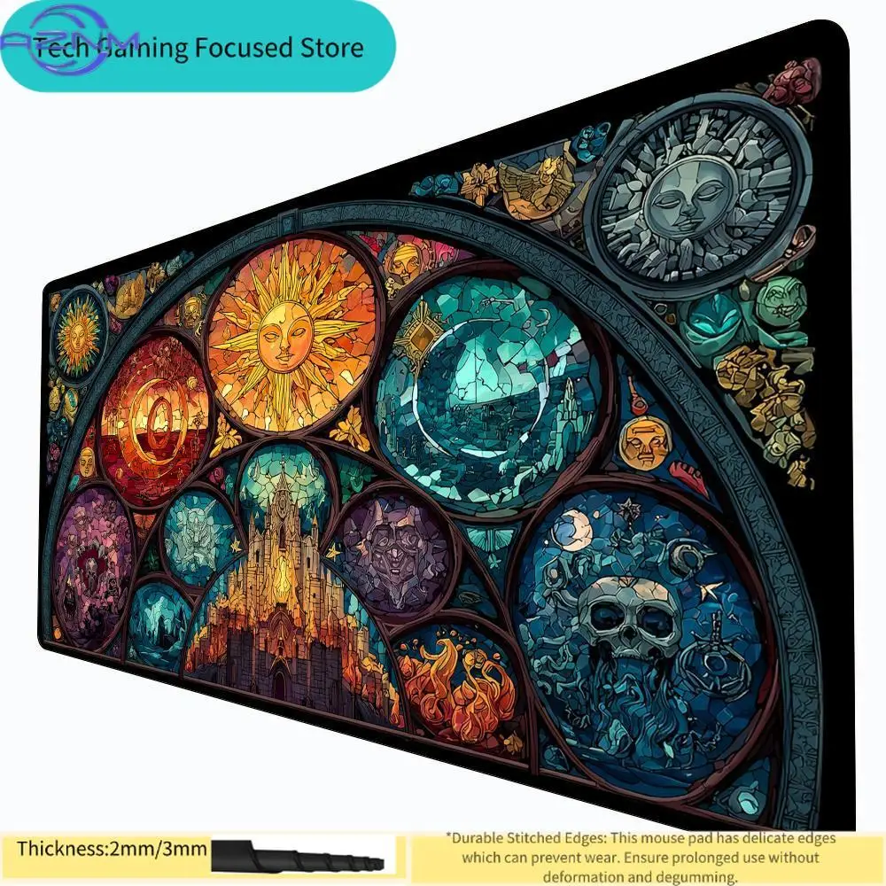 Magic The Gathering Stained Glass Cathedral Sun Playmat, MTG Play Mat with Zones, Stitched Edges, 2mm/3mm Thick