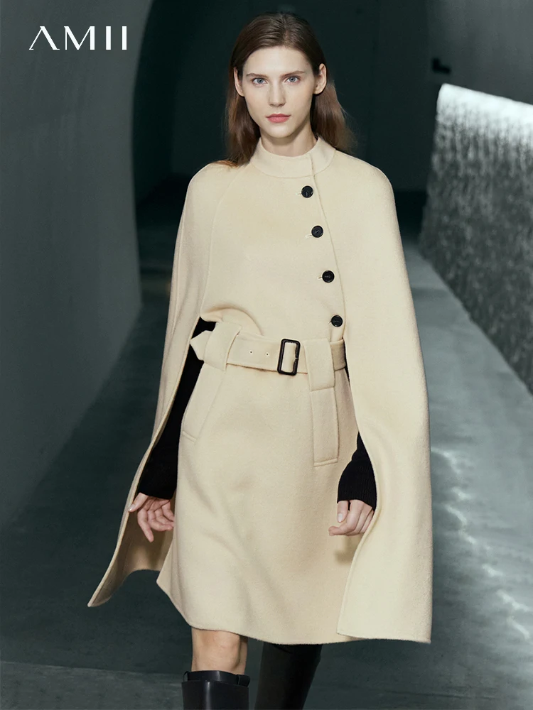 AMII Minimalist Female Blends 2026 Winter New Loose French Retro Wool Elegant Raglan Sleeve Simple Cape Coat For Women12354004