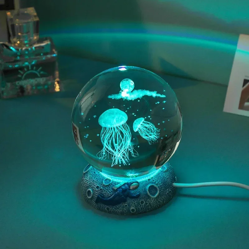 Crystal Ball Night Lights Glowing Sea Jellyfish Astronaut Table Lamp USB Atmosphere Lamp Table Decorations Kid Gifts Night Lamp