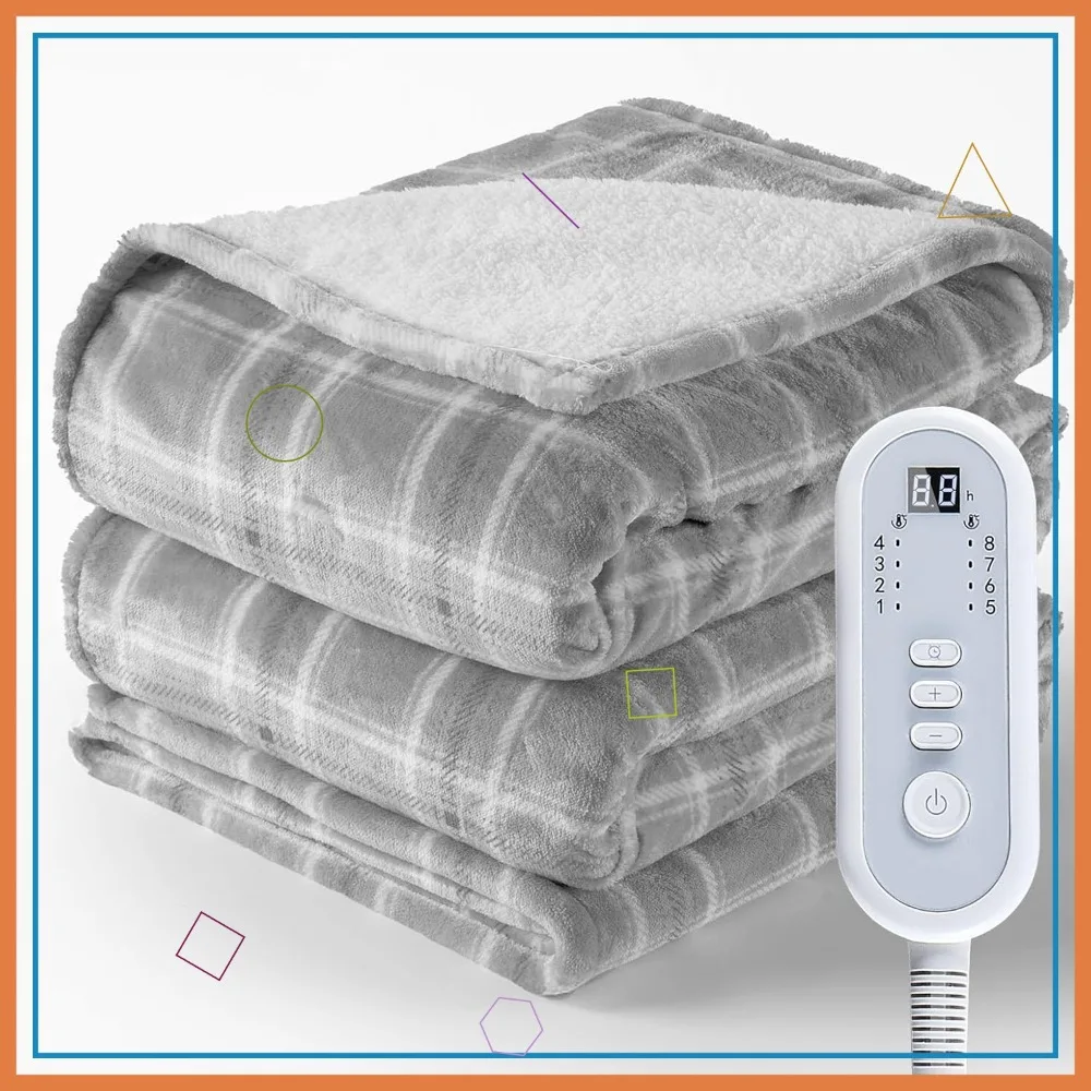 

Полноразмерное электрическое одеяло с подогревом 72x84 дюймов, 8 уровней нагрева и автоматическое отключение, серое в клетку, фланелевое, подарок для женщин