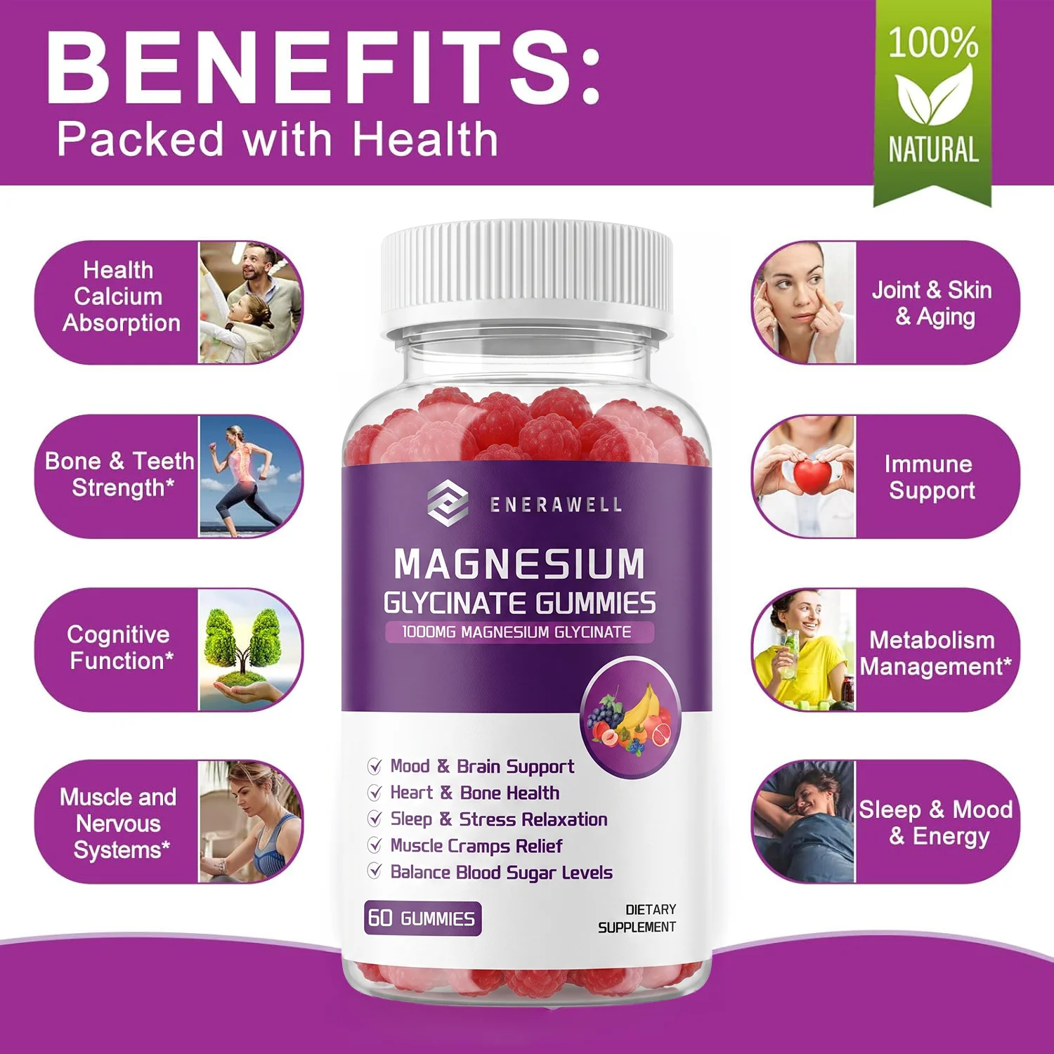 Magnesium Glycinate 1000mg Nutritional Supplement Supports Nervous System Bone & Muscle Health Supports Calm Mood & Body Relaxation for Daily Wellness