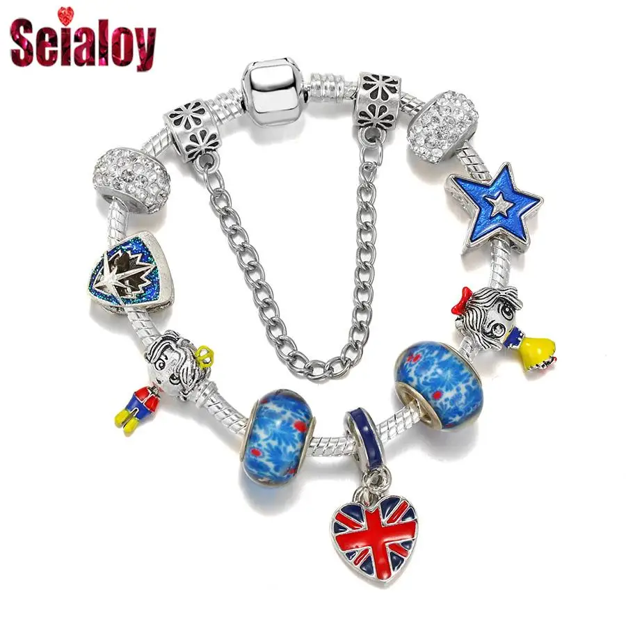 Seialoy Star Beads Heart Flag Charm Bracelets For Women Men Boy & Girls Beaded Silver Color Alloy Bracelet Jewelry