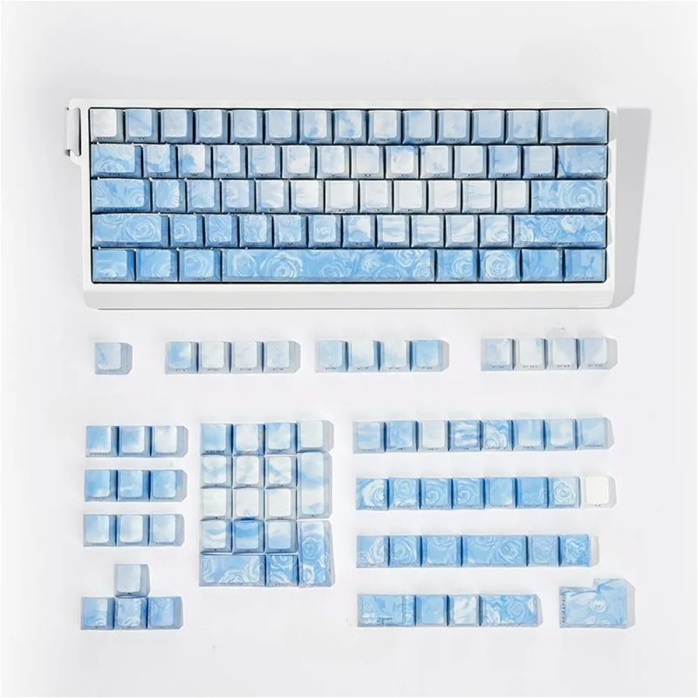 Custom Mac PBT Keycaps: Ice Blue Transparent, Sublimation Engraved, 68-104 Keys