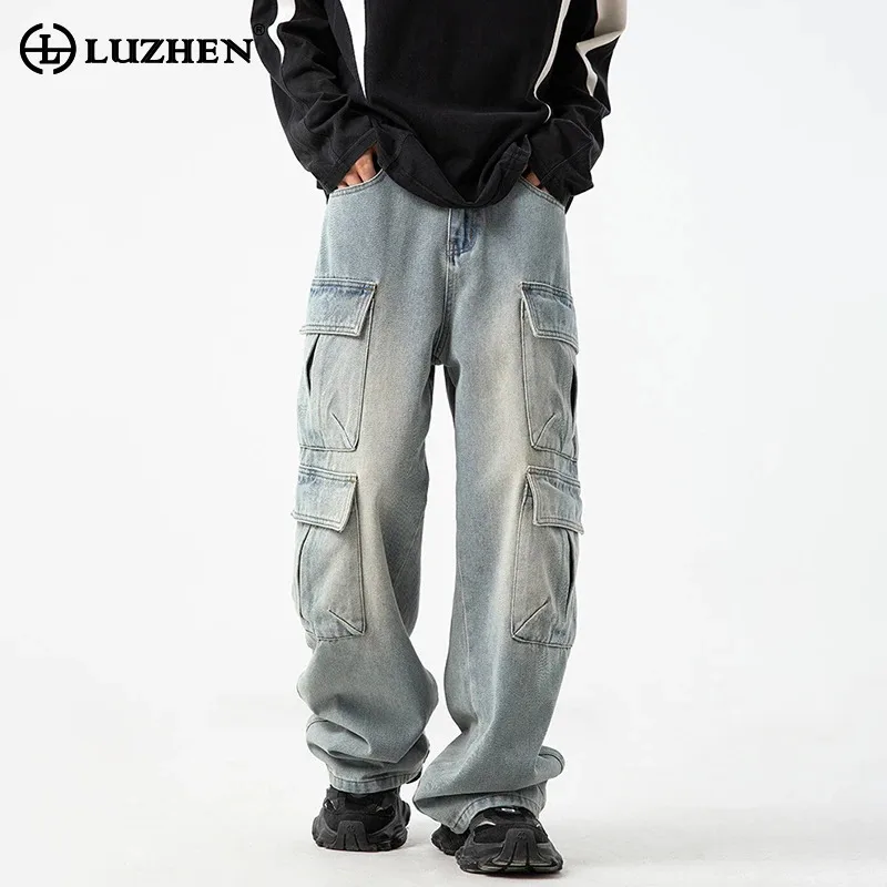 

LUZHEN Original Multi Pockets Design Cargo Casual Denim Pants Straight Men 2025 New Gradient Washed Loose Wide Leg Jeans JY2811