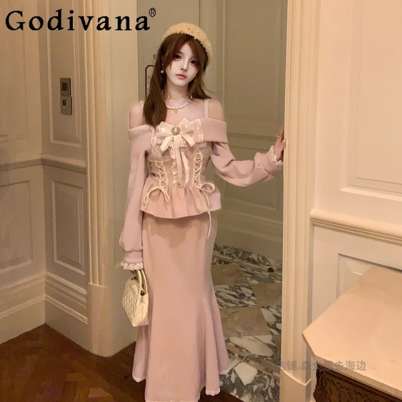 

Pink Clear Series Top and Skirt Set for Women Original New Winter Sweet Gentle Lolita Outfits Female Japanese Style Lolita Suit