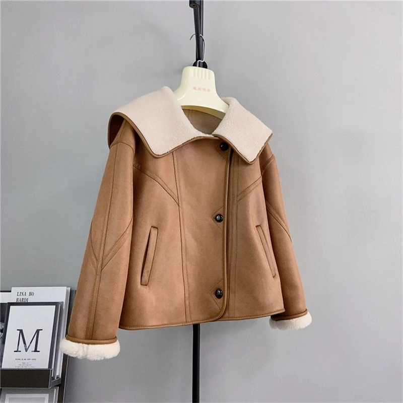 Female Pure Wool Splicing Navy Collar Suede Jacket Women Sheep Shearling Short Warm Coat PT451