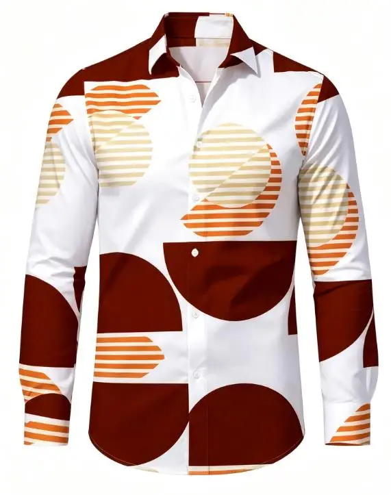 Modern Style Men Lapel Collar Shirt White Base Vintage Round Block Wave Stripe Print Polyester Long-Sleeve Blouse