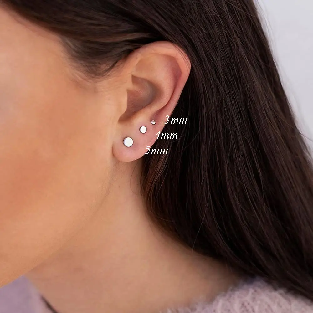 Fansilver-pendientes de plata de ley S925 para mujer y niña, aretes de tuerca chapados en oro blanco de 18K, con forma de punto de disco, redondos y